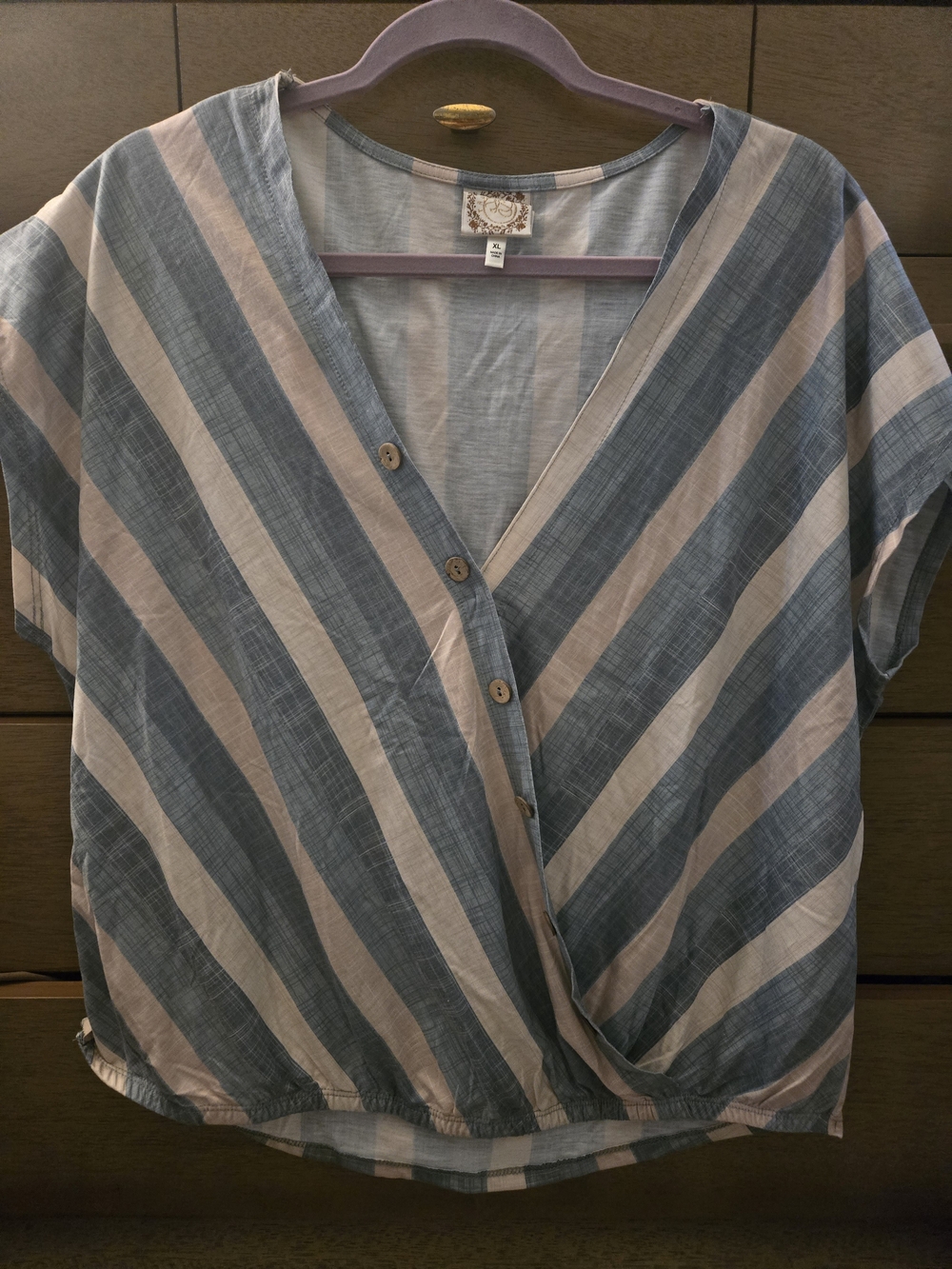 Relaxed V-Neck Button Front Stripe Top